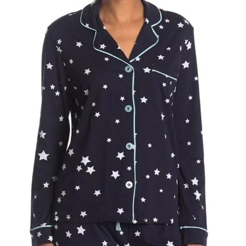 Cozy Zoe Star Print Button Front Long Sleeve Pajama PJ Top Navy Blue size S NWOT